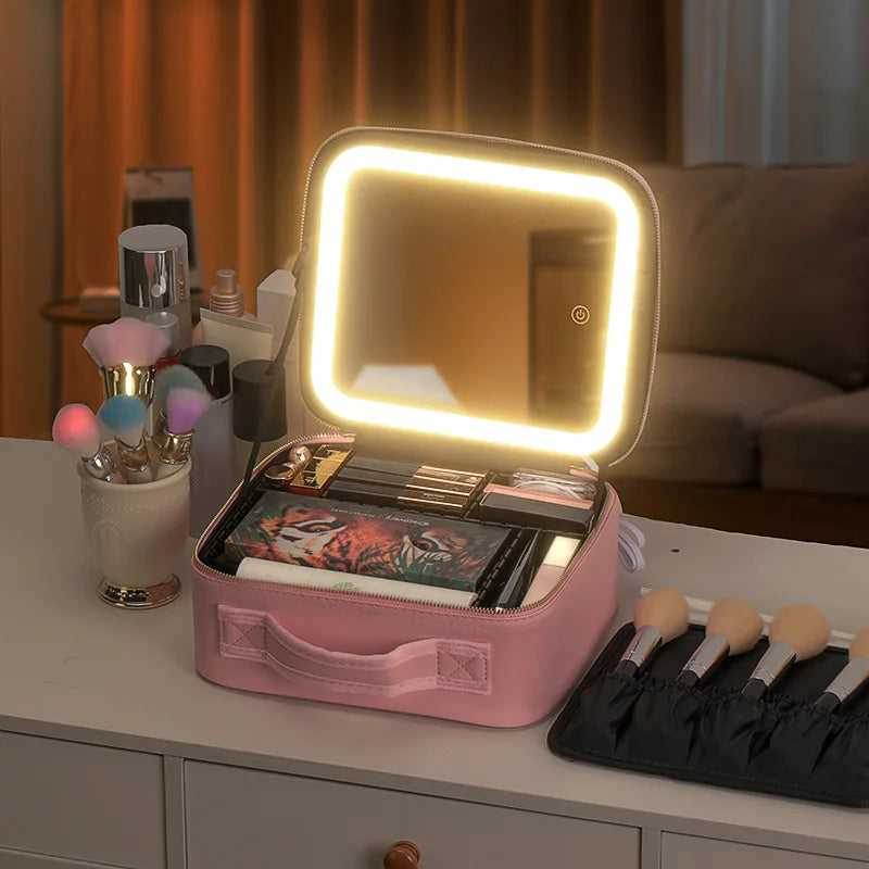Portable Cosmetic Travel Storage Case with 2000mAh LED Rechargeable Makeup Mirror
